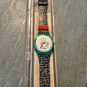 Vtg 1993 Swatch Watch CAPPUCCINO GG121 Gents Black Green Red Coffee Cup In Box